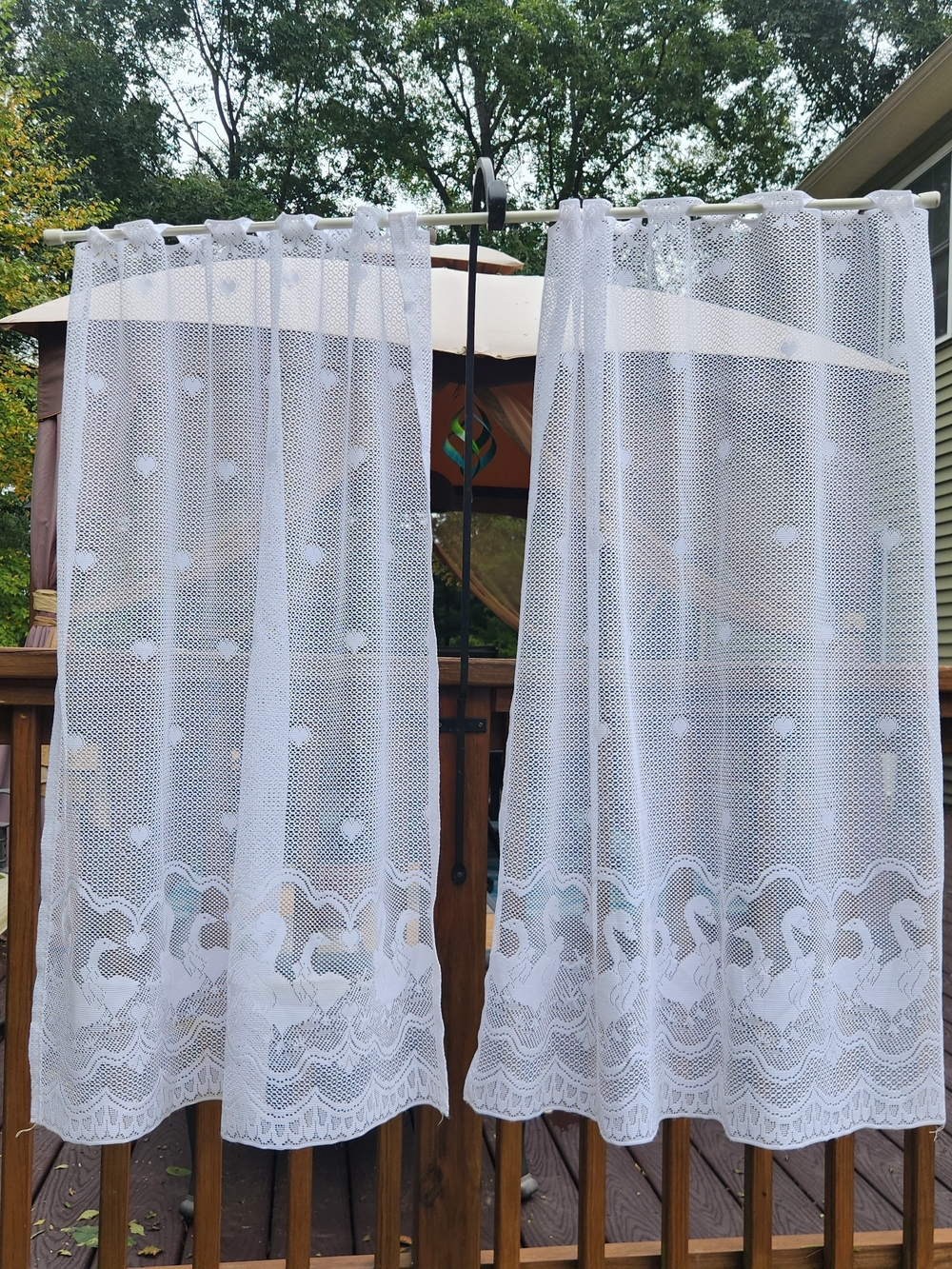 SET OF TWO Lace Sheer Cafe Curtain Panels With Geese And Hearts 37" X 28"